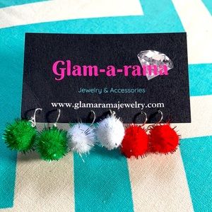 Fuzzy Earring Set - red, white and green